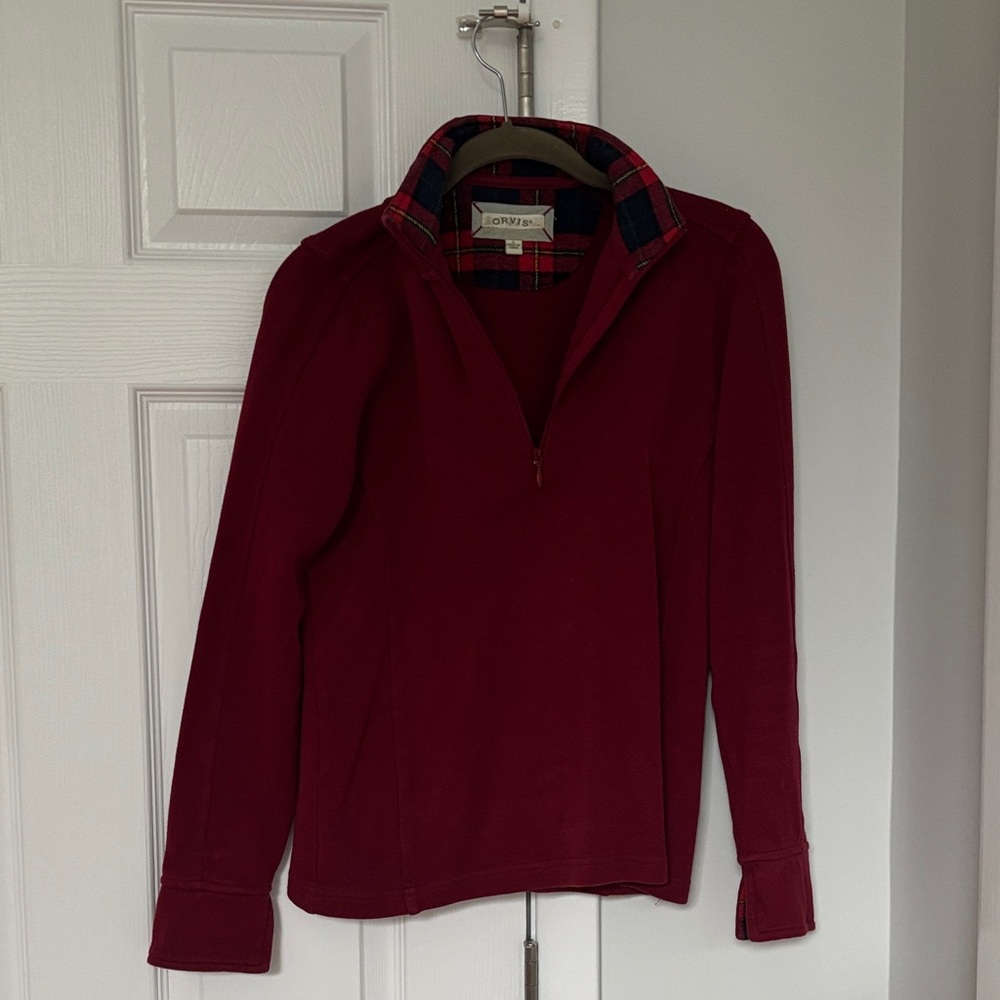Orvis Red Quarter-Zip Pullover with Plaid Collar